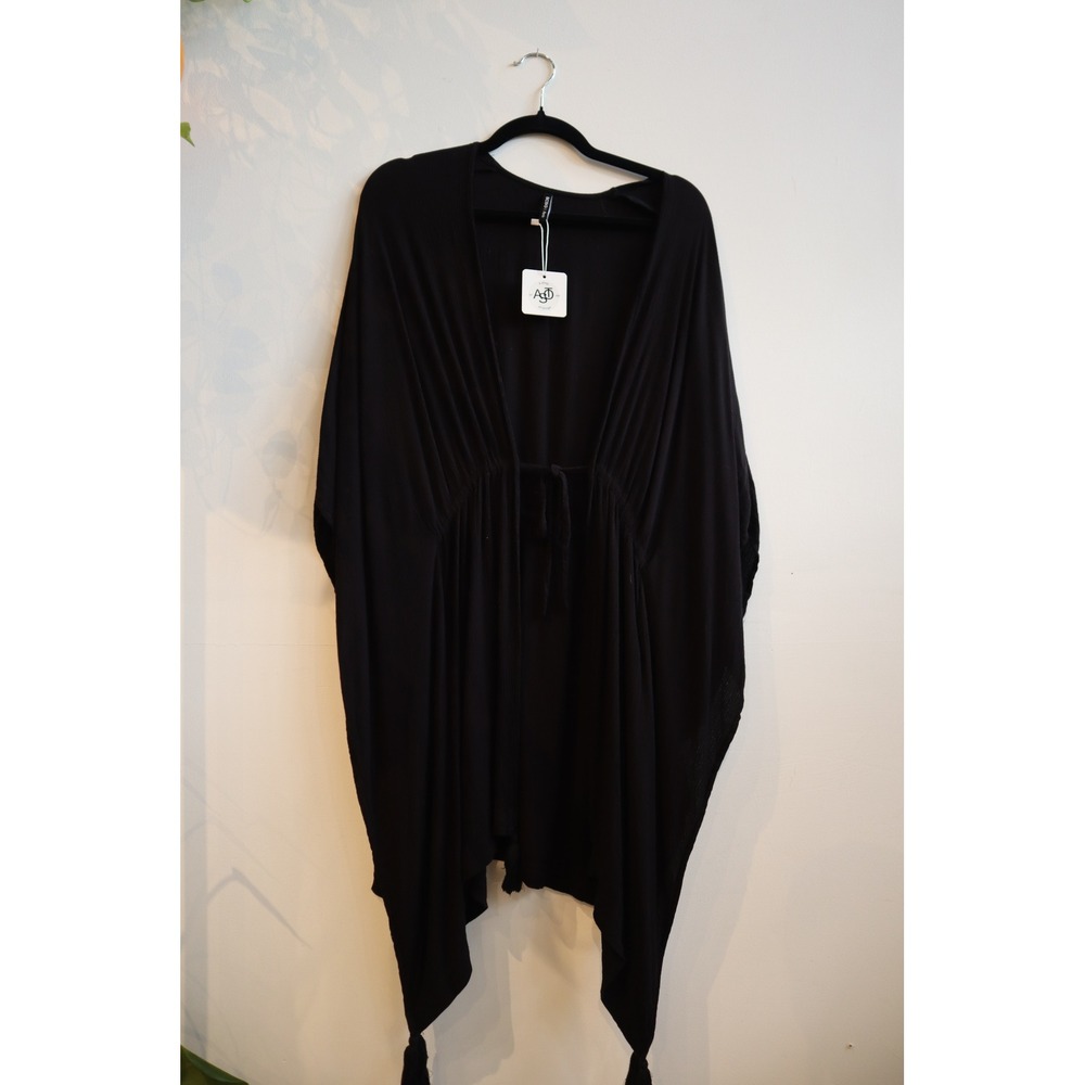 BCBG Paris Black Rayon Gauze Tassel Tie Front Kaftan Swim Cover Up S/M